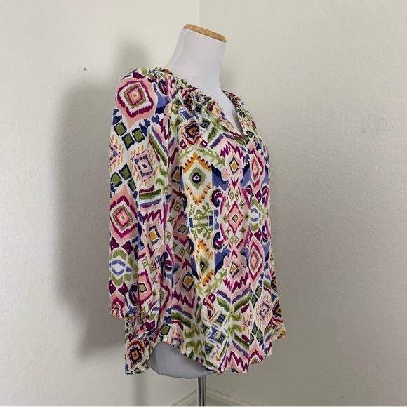 Beach lunch lounge Colorful Ikat Popover V Neck Blouse Size M - Picture 9 of 16
